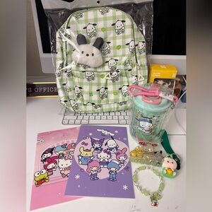 Cute Green Checkered Backpack with Character Print